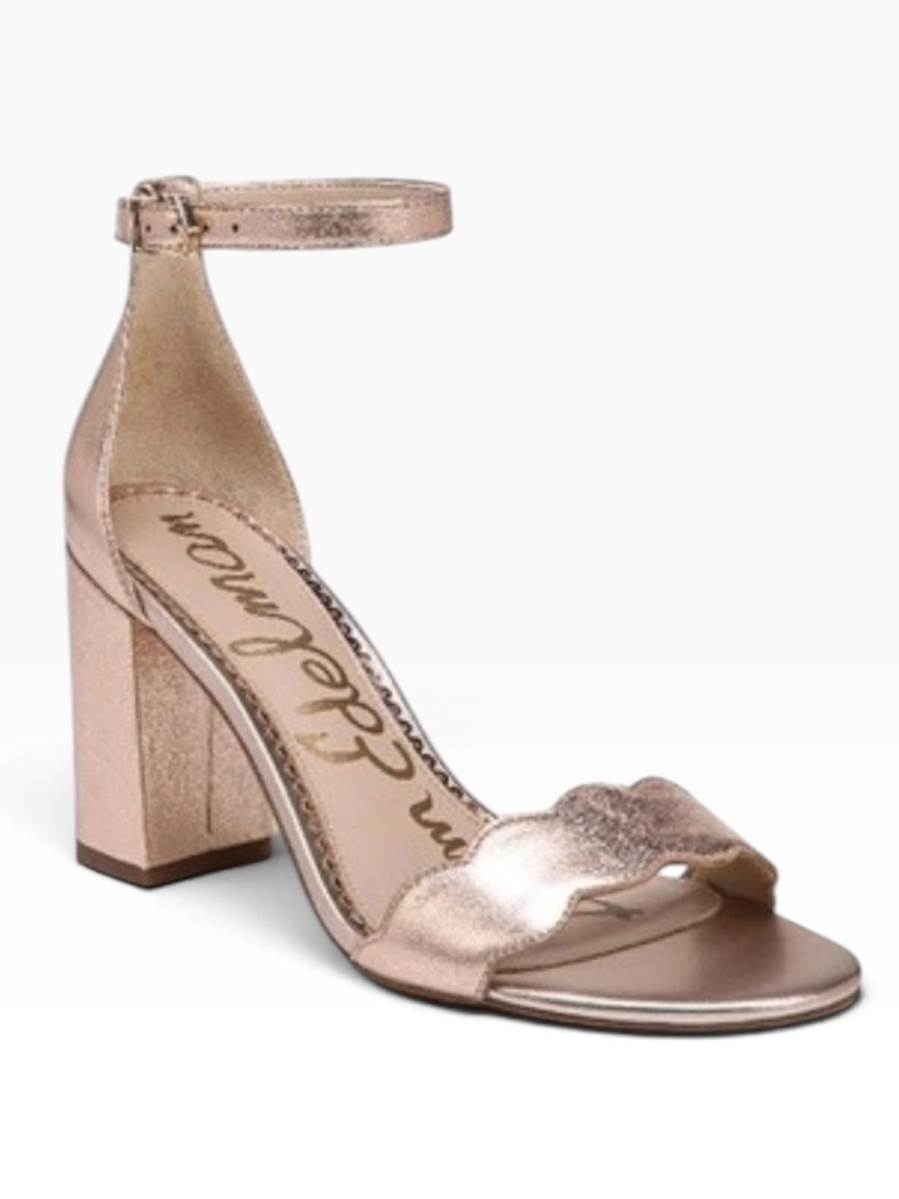 Sam Edelman Odila rose gold leather scalloped block heel ankle strap sandals